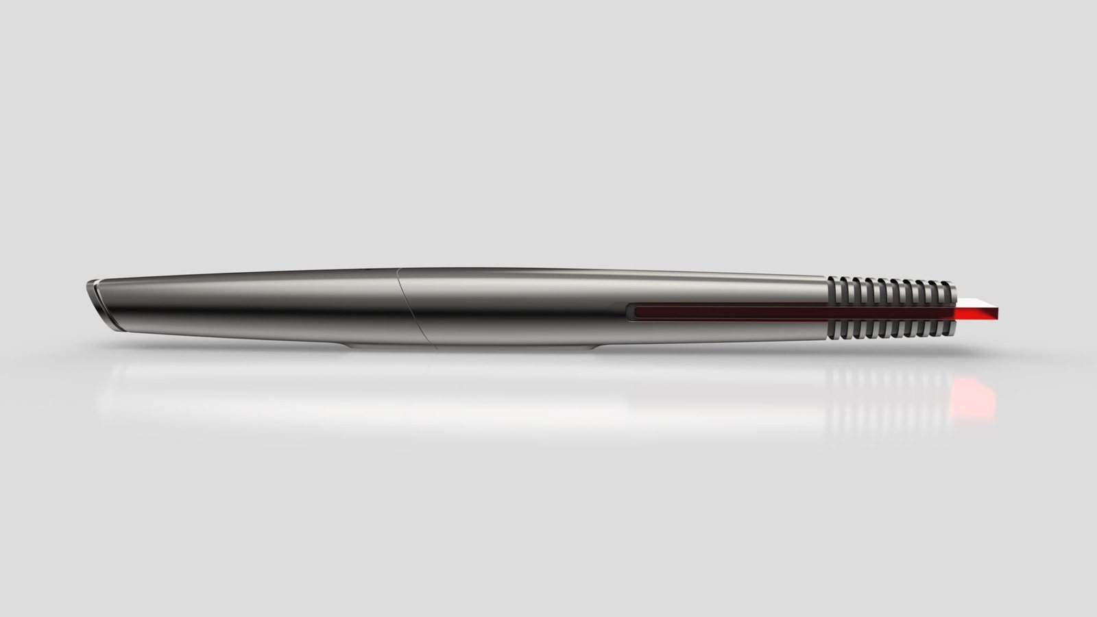 Render di una penna in metallo: vista laterale